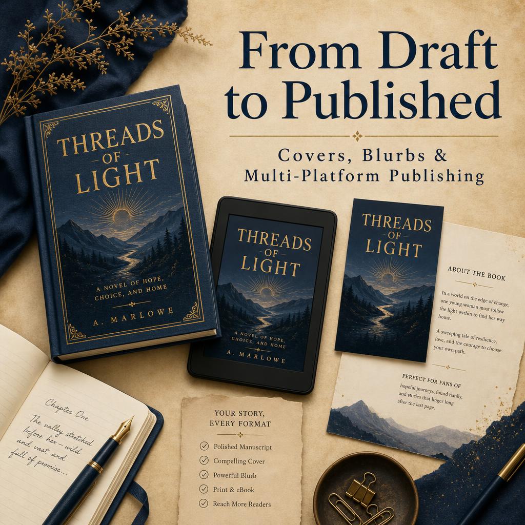 Navy hardcover book with e-reader, envelope and notecards on parchment — publication package illustration