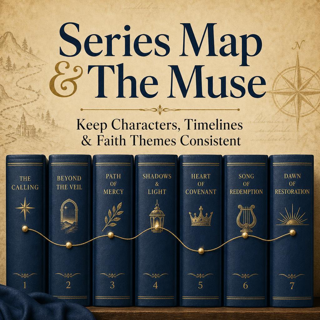 Row of matching navy hardcover books connected by a golden thread — series continuity illustration