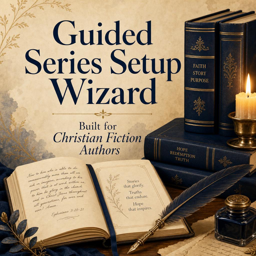 Open journal with a quill pen beside navy hardcover books — Christian fiction writing illustration