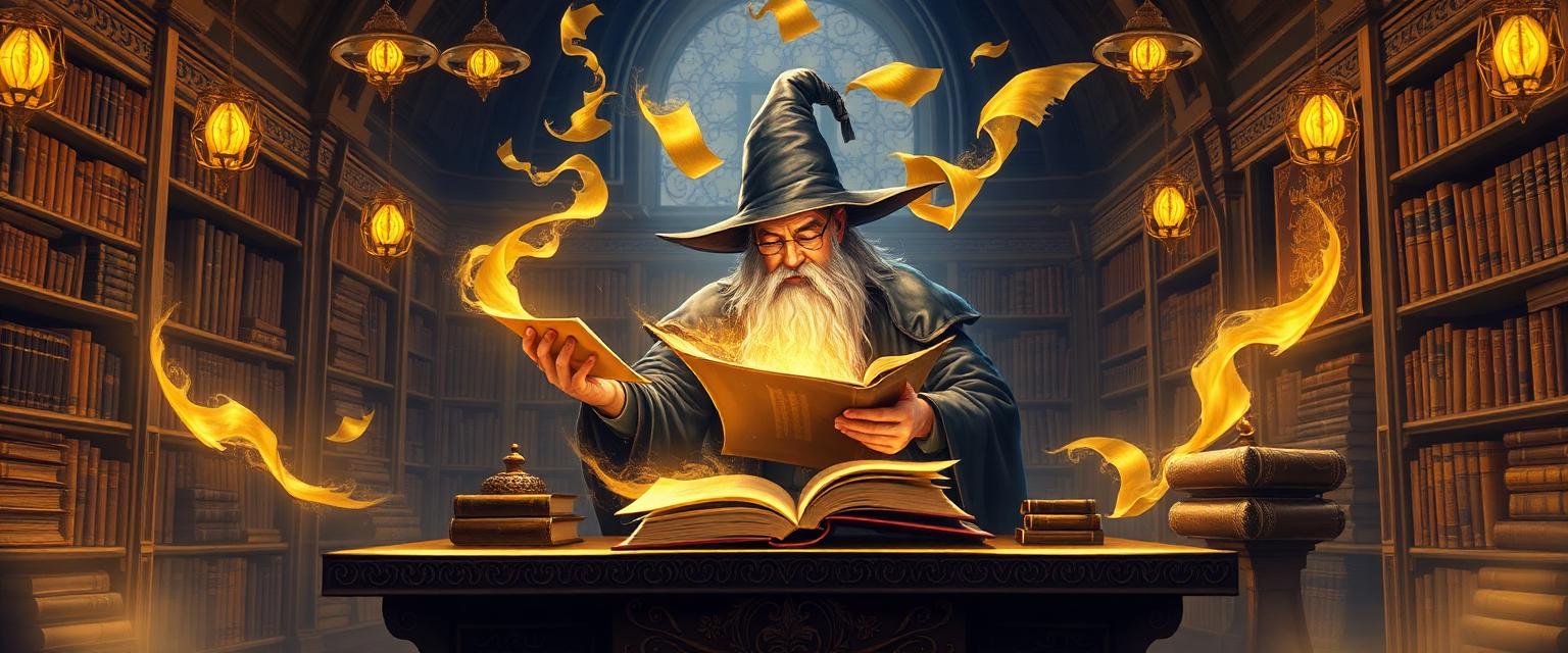 HolyInk AI Pro OTO 1 flagship: a master wizard scribe directs glowing golden manuscript pages across a grand library