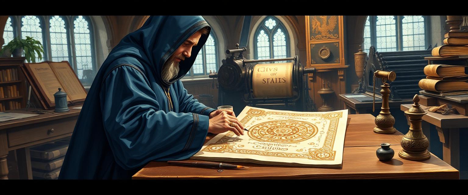 HolyInk AI Publisher's Suite OTO 2: a scribe designs an ornate illuminated book cover beside a vintage printing press