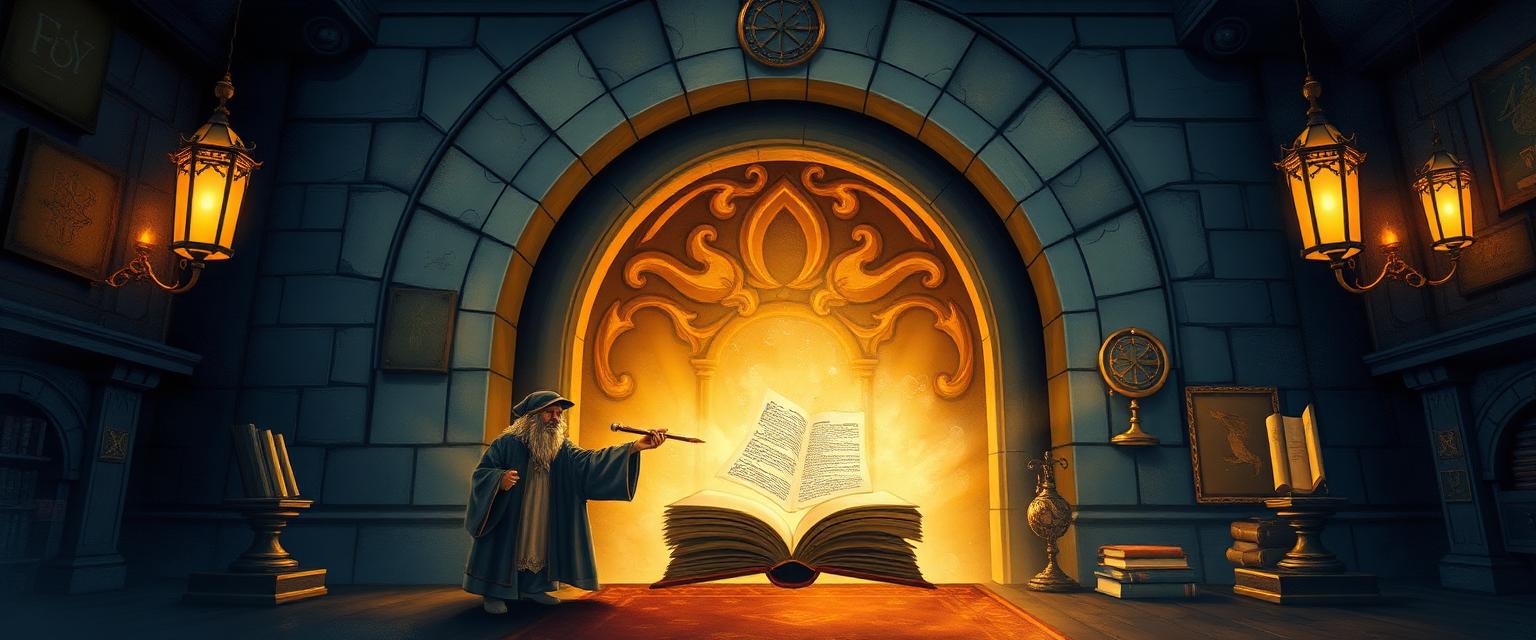 HolyInk AI Smart Publish Extension OTO 3: a scribe sends a glowing manuscript through a magical stone archway