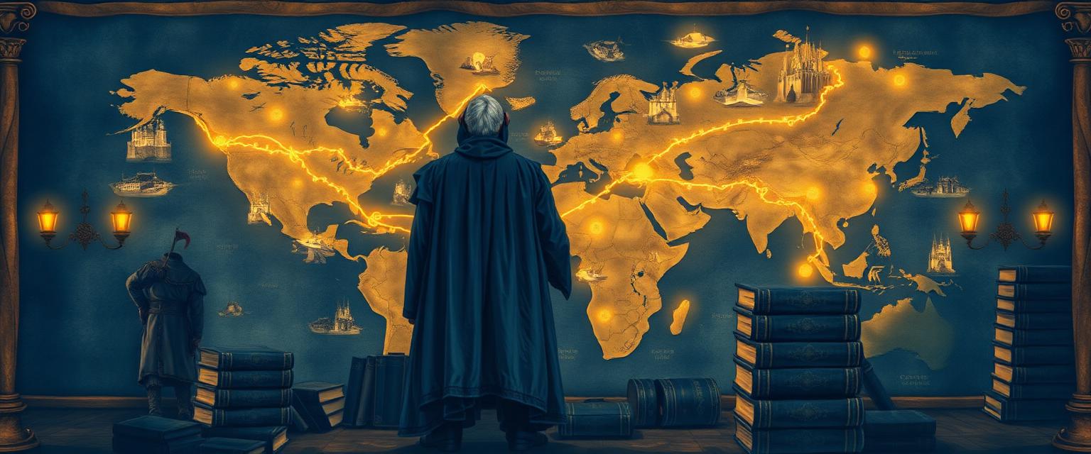 HolyInk AI Multi-Platform Publisher OTO 4: a scribe stands before a glowing old-world map with routes fanning to many cities